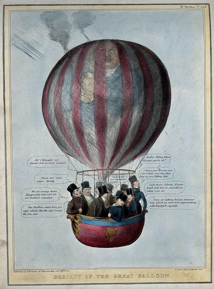 A hot-air balloon with the visage of Daniel O'Connell carrying a basket of conservative ministers. Coloured lithograph by…