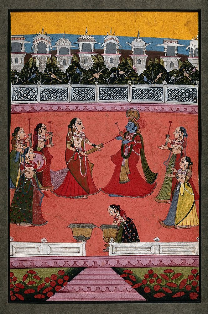 Holi, the festival of colour; Radha spraying colour at Krishna while the other gopis look on. Gouache painting by an Indian…