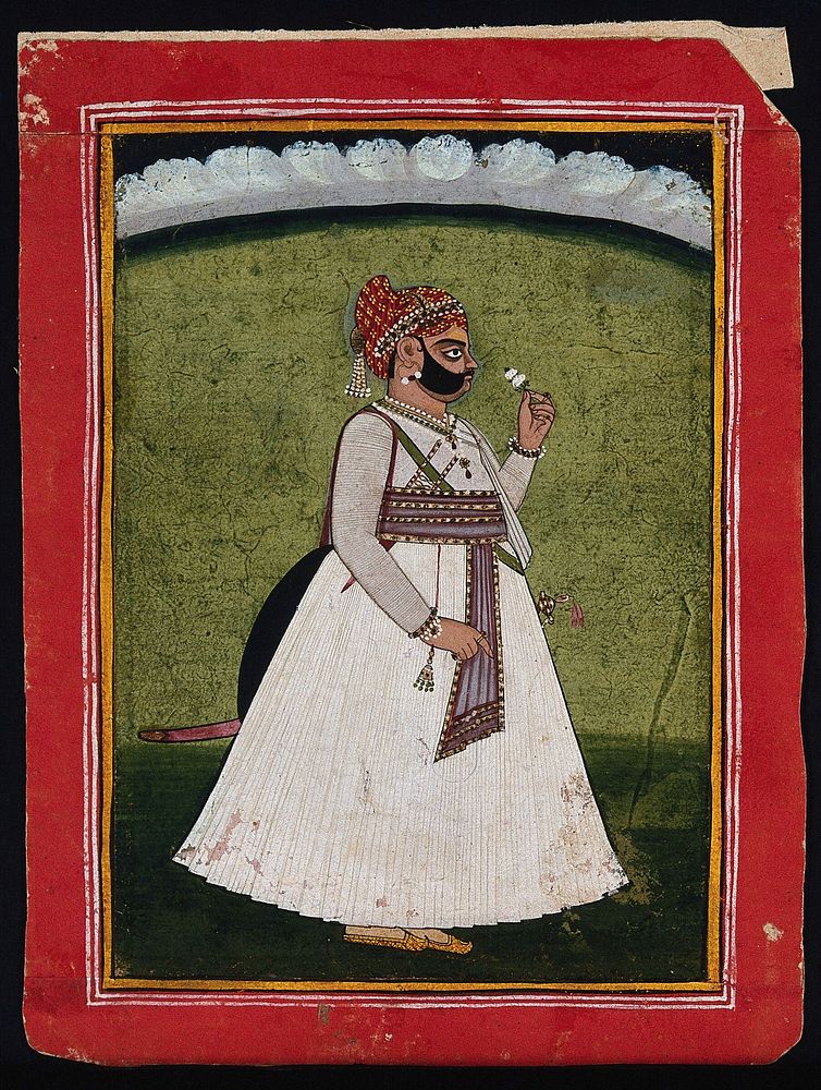 A Rajput Maharaja. Gouache painting by an Indian painter.