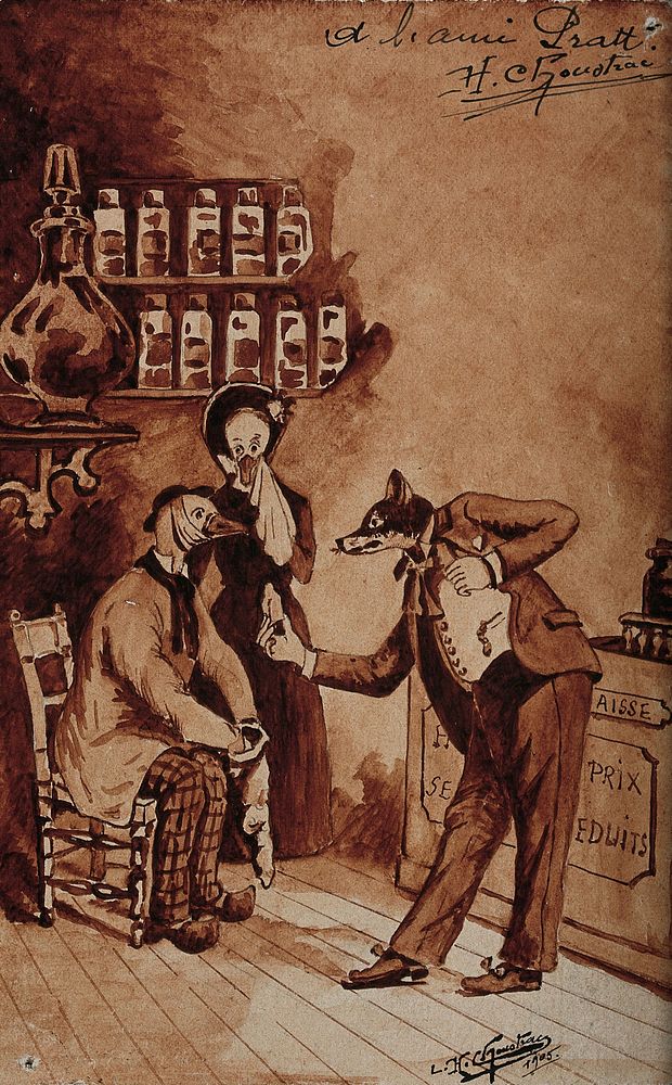 A pharmacy: the pharmacist (a fox) tries to sell medicines to a customer in pain (a duck, accompanied by his wife). Painting…