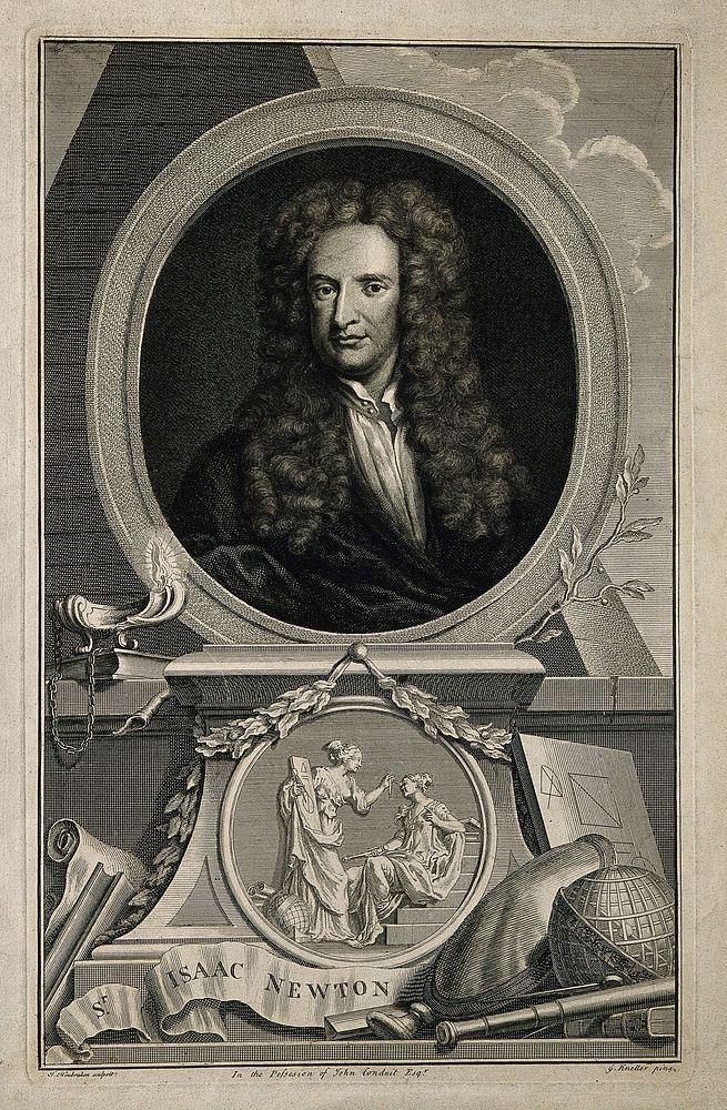 Sir Isaac Newton. Line engraving by J. Houbraken, 1743, after Sir G. Kneller, 1702.