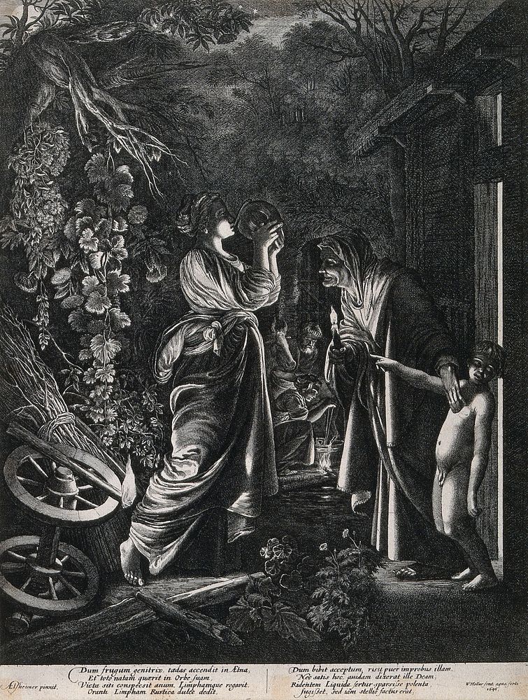 Ceres, at night, drinking from a flask provided by an old woman, while her young son mocks. Etching by W. Hollar, 1646…