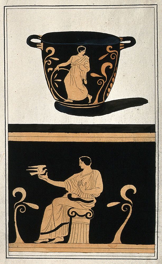 Above, a red-figured Greek wine bowl (krater); below, detail of the decoration showing a seated man holding a dove.…