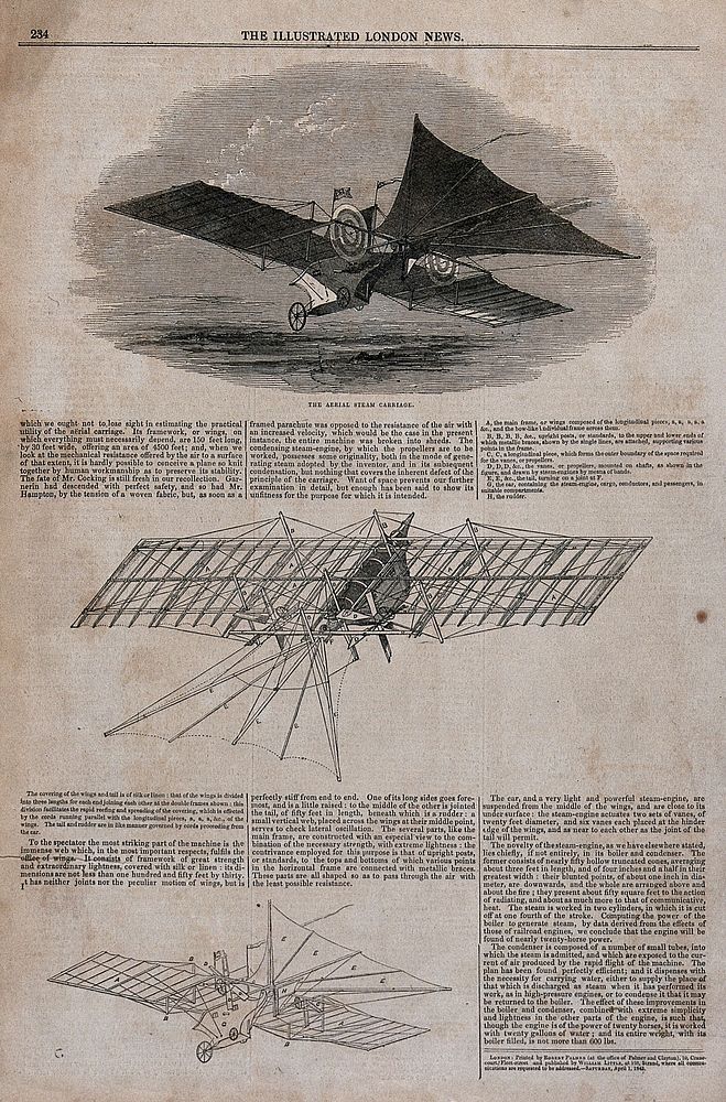 A flying contraption with large wings travels over the water. Wood engraving, 1843.