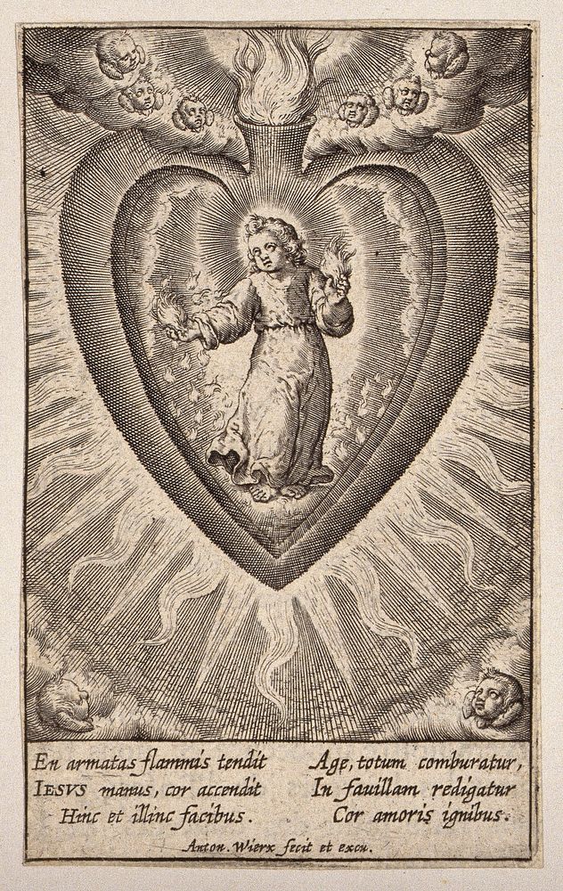 The Christ Child setting alight the believer's heart with the fire of his wounds. Engraving by A. Wierix, ca. 1600.
