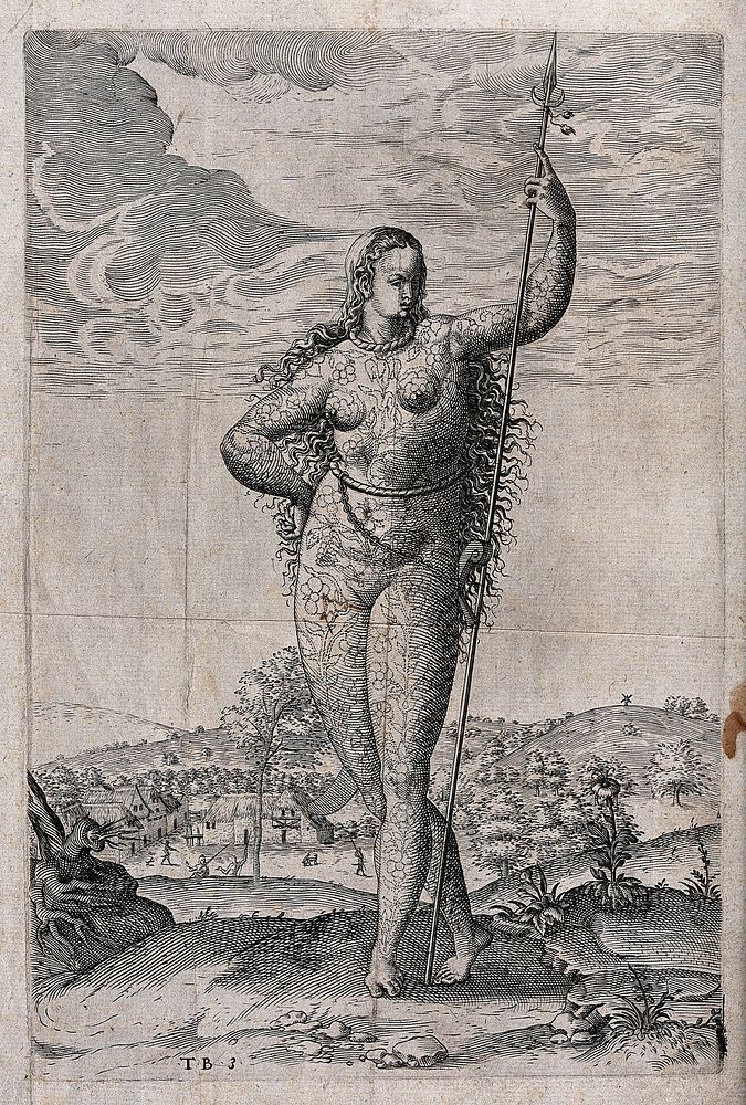 A naked lady covered in floral tattoos standing in an open landscape. Etching.