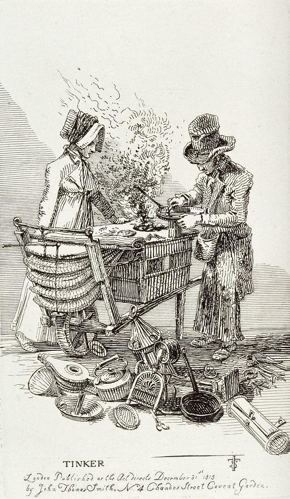 A lady waiting for the repair of her pan at a tinker's stall. Etching by J.T. Smith, 1815.