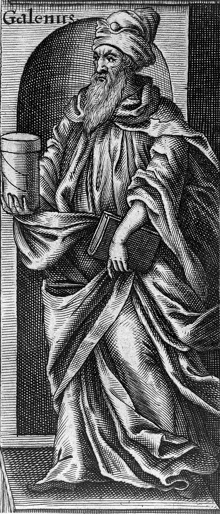 Galen holding a medicine jar and a book. Line engraving, 16--.