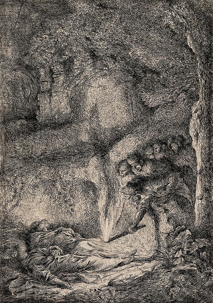 The finding of the bodies of Saint Peter and Saint Paul. Etching by G.B. Castiglione.