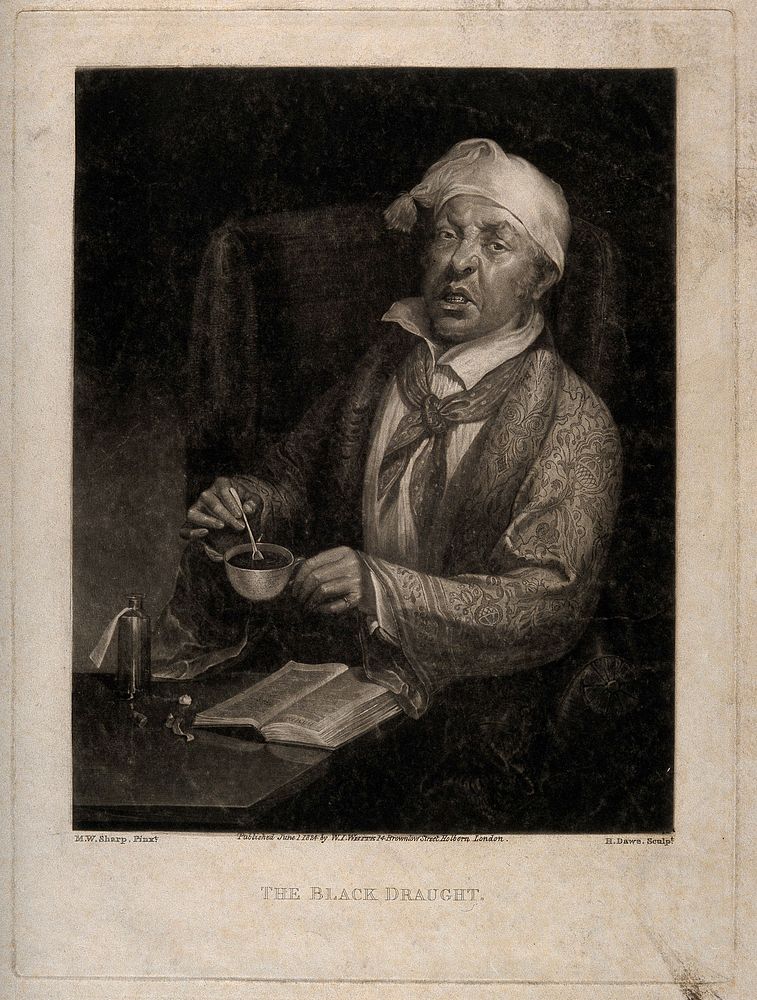 A sick man stirring his bitter medicine. Mezzotint by H. Dawe, 1824, after M.W. Sharp.