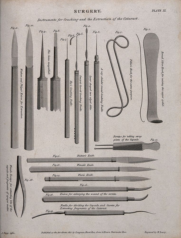Surgical instruments for the extraction of cataracts. Engraving by W. Lowry after J. Farey jun., 1812.