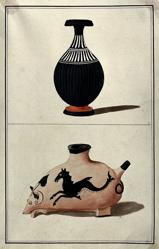 Above, a black Greek vase (perfume bottle); below, vessel in the form of an animal. Watercolour by A. Dahlsteen, 176- .