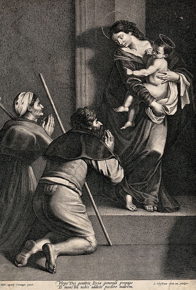 Two pilgrims adoring the Virgin. Engraving by L. Vorsterman after M. Merisi, il Caravaggio.
