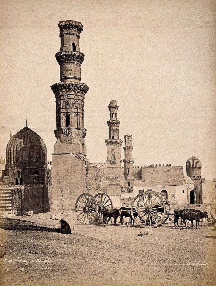 Cairo, Egypt: Mameluk tombs with decorative towers. Photograph by Pascal Sébah, ca. 1870.