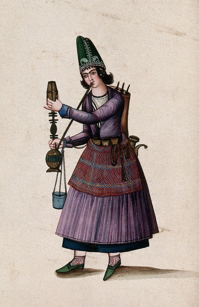 A Turkish  woman smoking a hookah. Gouache painting by an Indian painter.