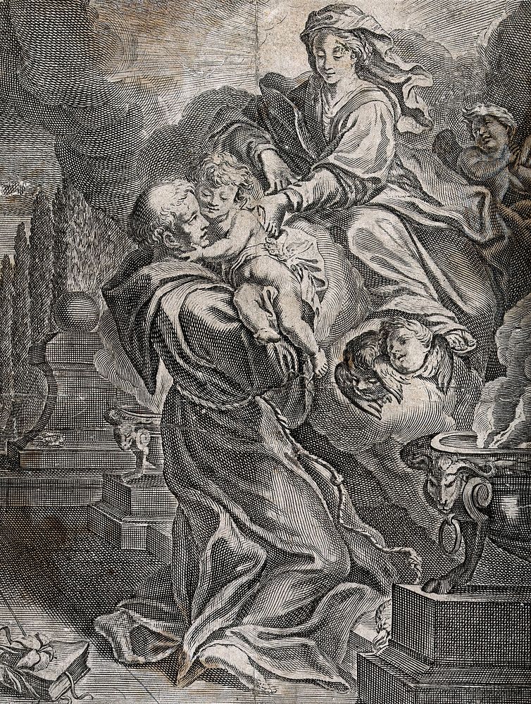 Saint Francis of Assisi receiving the infant Christ from the Virgin Mary; three cherubs are watching the scene. Engraving…