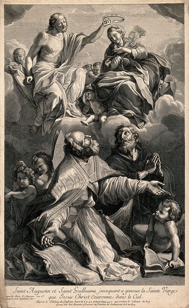 Saint Augustine of Hippo with Saint William of Aquitaine, and Christ crowning Saint Mary (the Blessed Virgin). Engraving by…