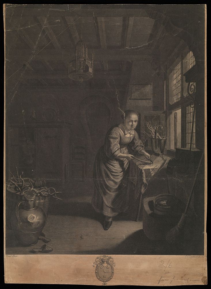 A room in a house in North-Holland, in which a young woman cuts a root vegetable next to the window. Line engraving by P.G.…