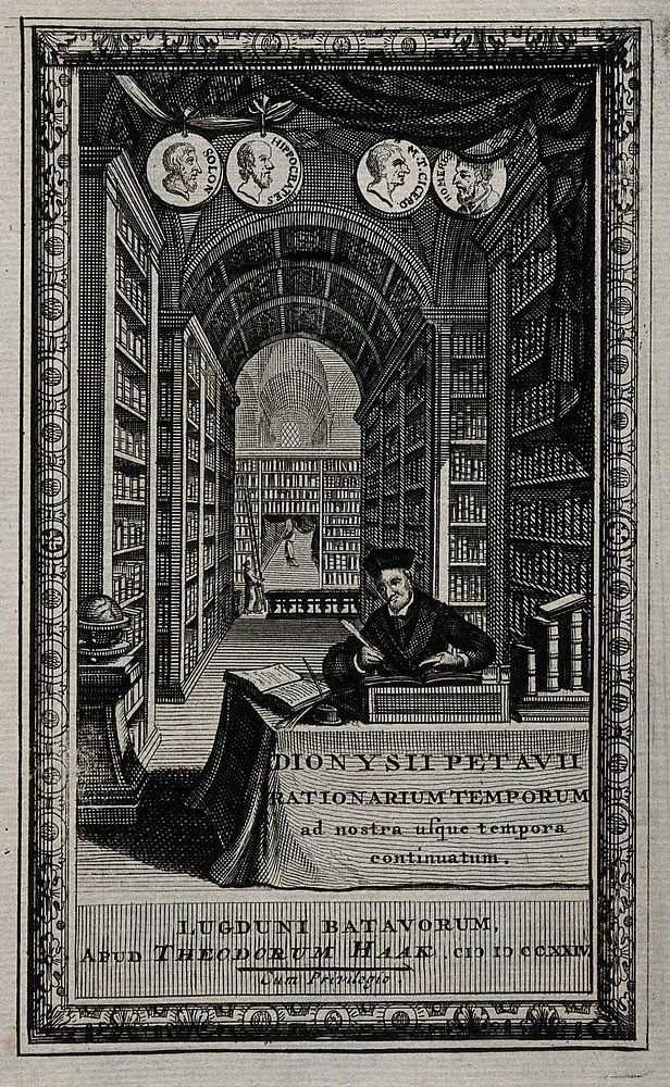 Denis Pétau, seated at a desk in a vast library, writing his historical and chronological works; medallions of Solon…