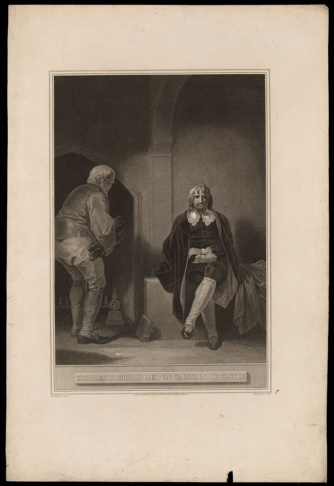 King Charles I imprisoned in Carisbrooke castle. Engraving by G. Noble, 1800, after R. Smirke.