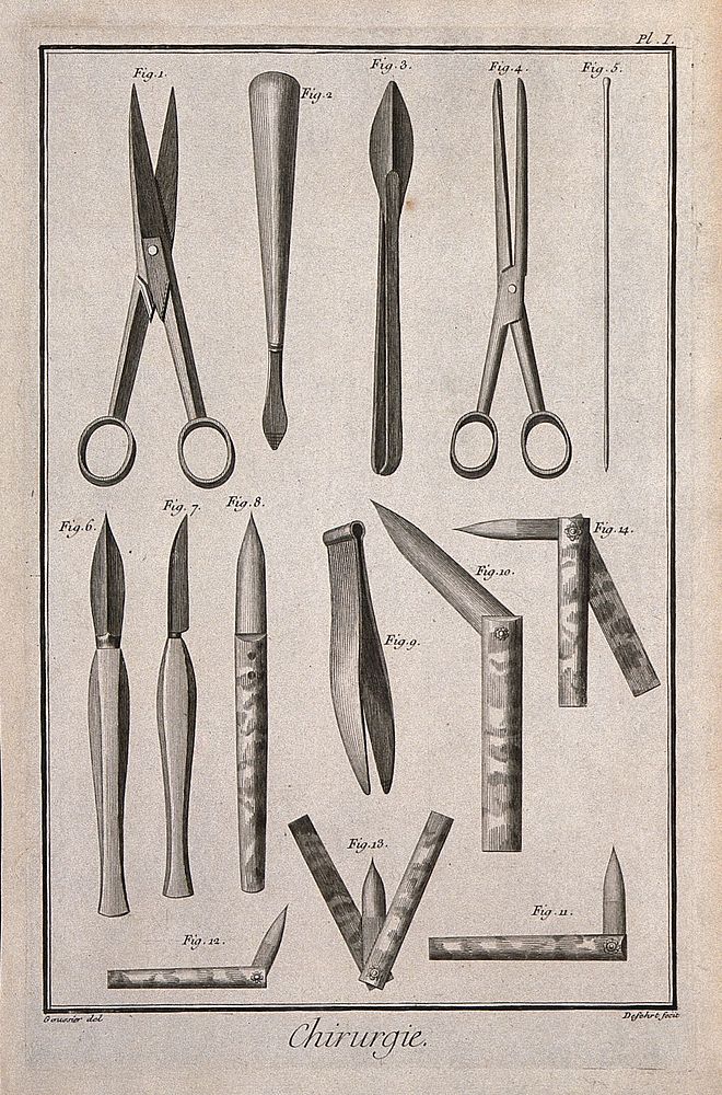 Surgery: an assortment of surgical instruments, including a chisel, a spatula, tweezers and scalpels. Engraving with etching…