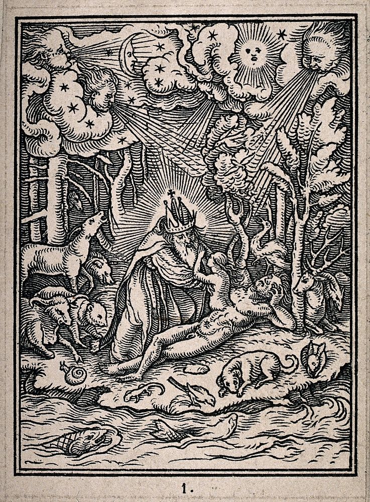 God creating Eve out of Adam amidst all the wonders of Eden. Woodcut.