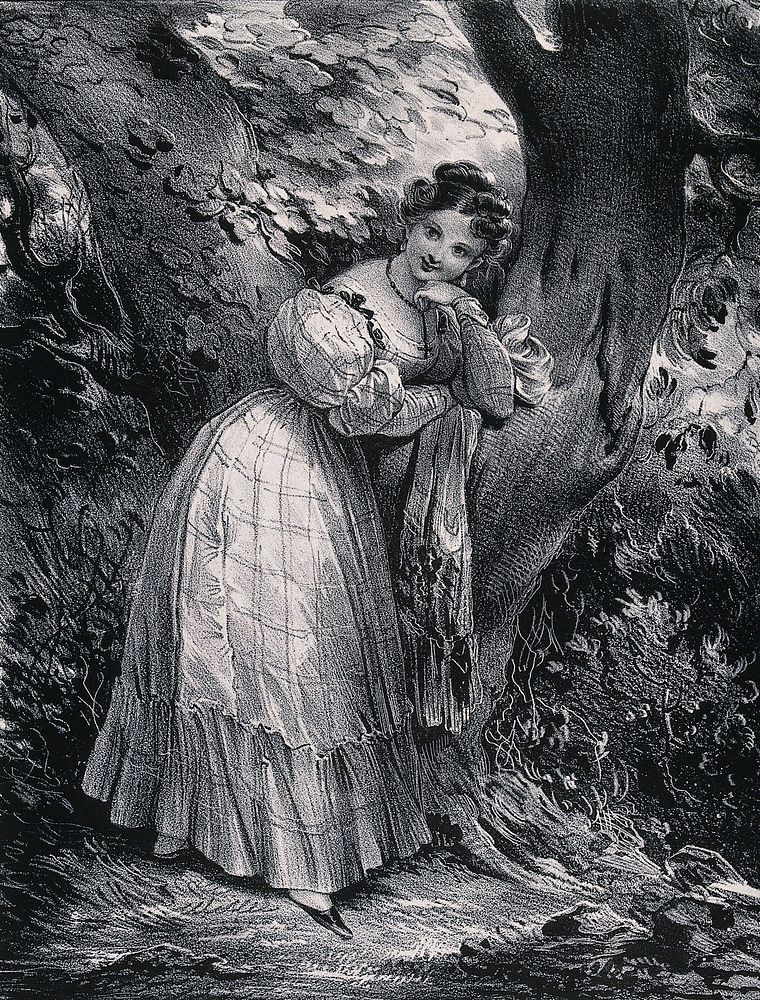 A young woman leans against a tree while she waits for her lover. Lithograph after H. Decaisne.