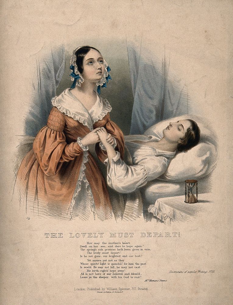 A young man lies dying, a woman weeps as she holds his hand, an hourglass stands on the table. Coloured lithograph by J.…