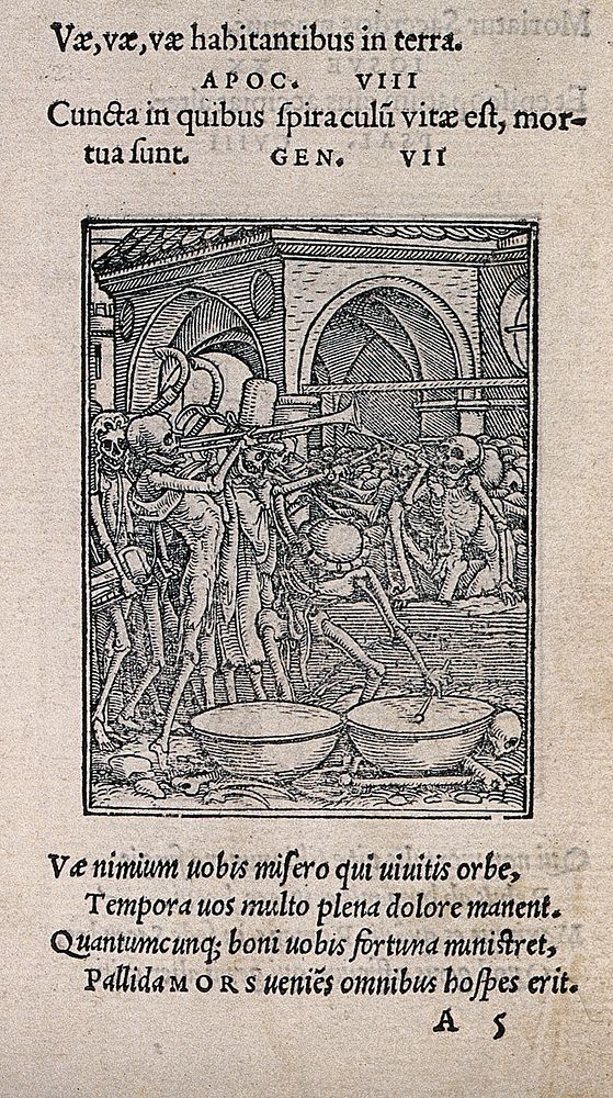 The dance of death: bones of all men. Woodcut by Hans Holbein the younger.