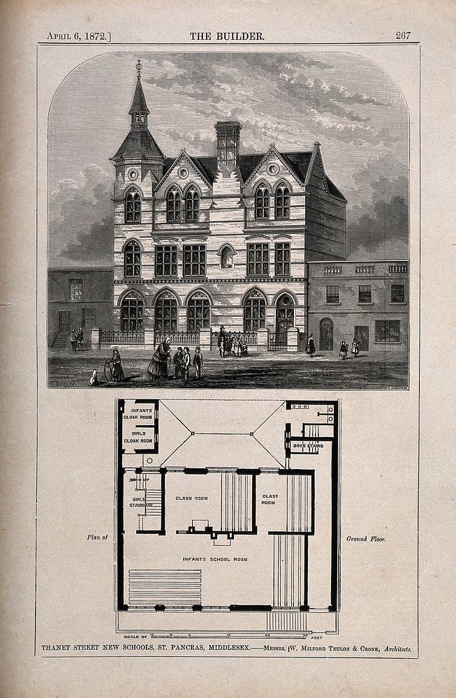 School at Thanet Street, King's Cross, London: above, an elevation, below, the plan. Wood engraving by W. E. Hodgkin, 1872…