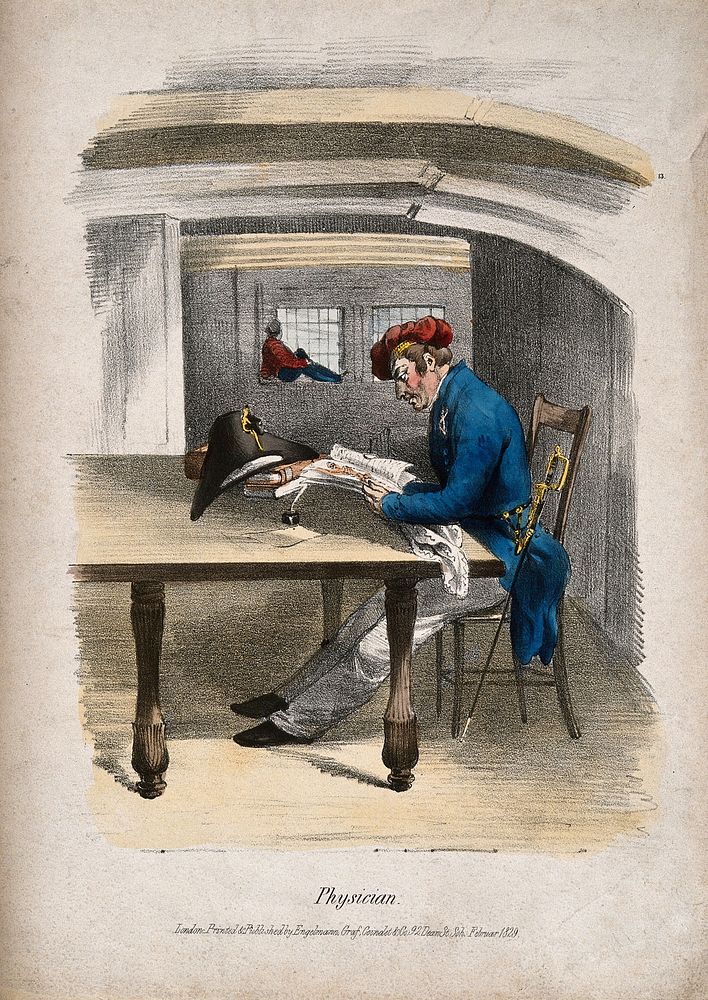A naval physician in uniform studying books at a large table. Coloured lithograph, 1829.