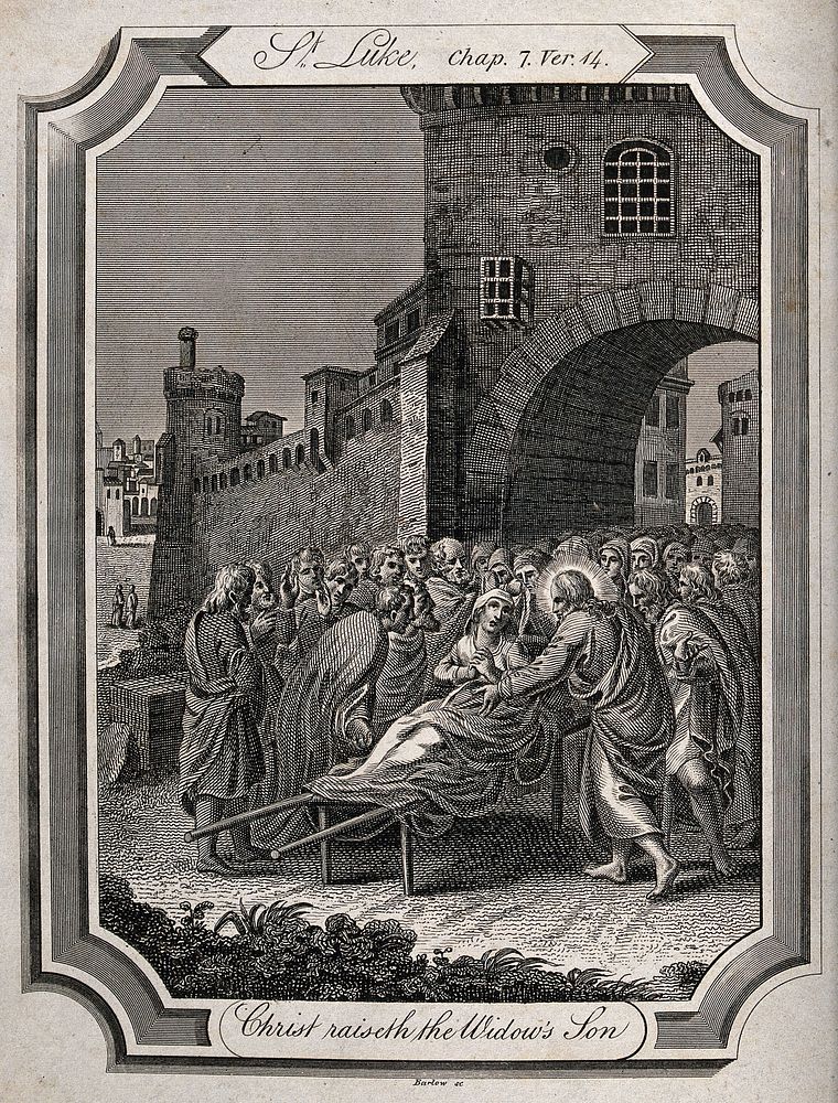 Christ raises the widow's son from the dead. Engraving by J. Barlow.