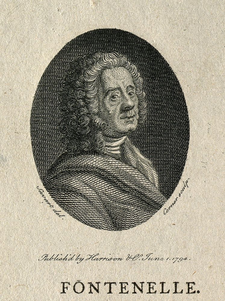 Bernard le Bovier de Fontanelle. Line engraving by J. Corner, 1794, after P. Savart.
