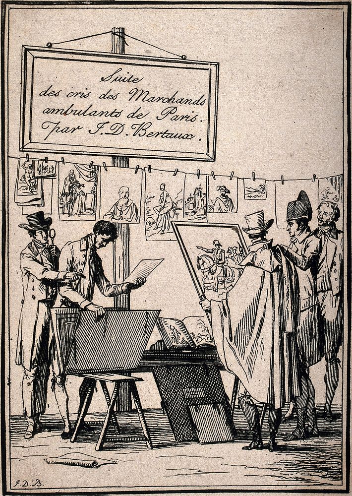 The stall of a print seller in Paris: customers look at prints pegged on a line and in portfolios. Etching by J. Duplessi…
