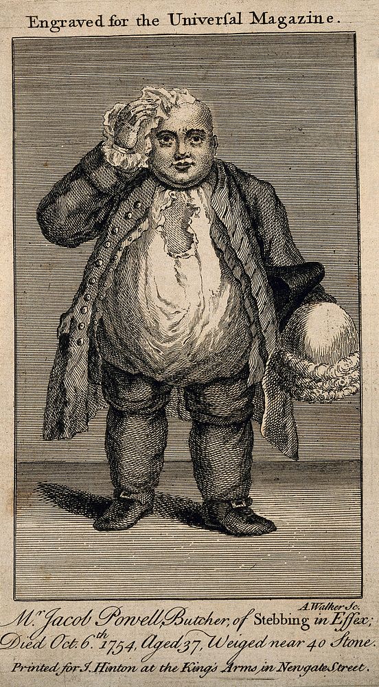 Jacob Powell, who died weighing almost 40 stone. Line engraving by A. Walker.