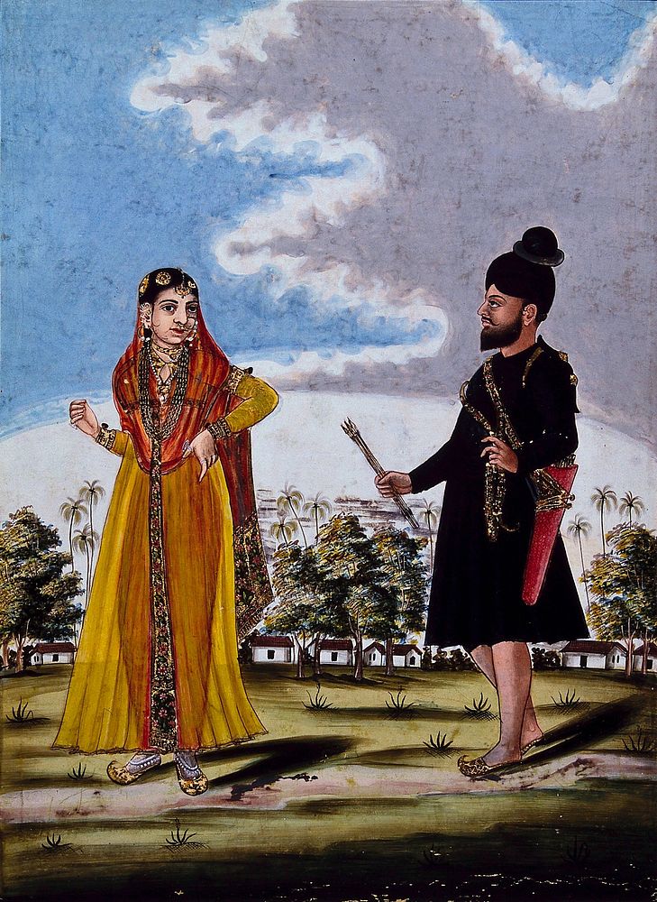 Sikh soldier and wife outside barracks. Gouache drawing.