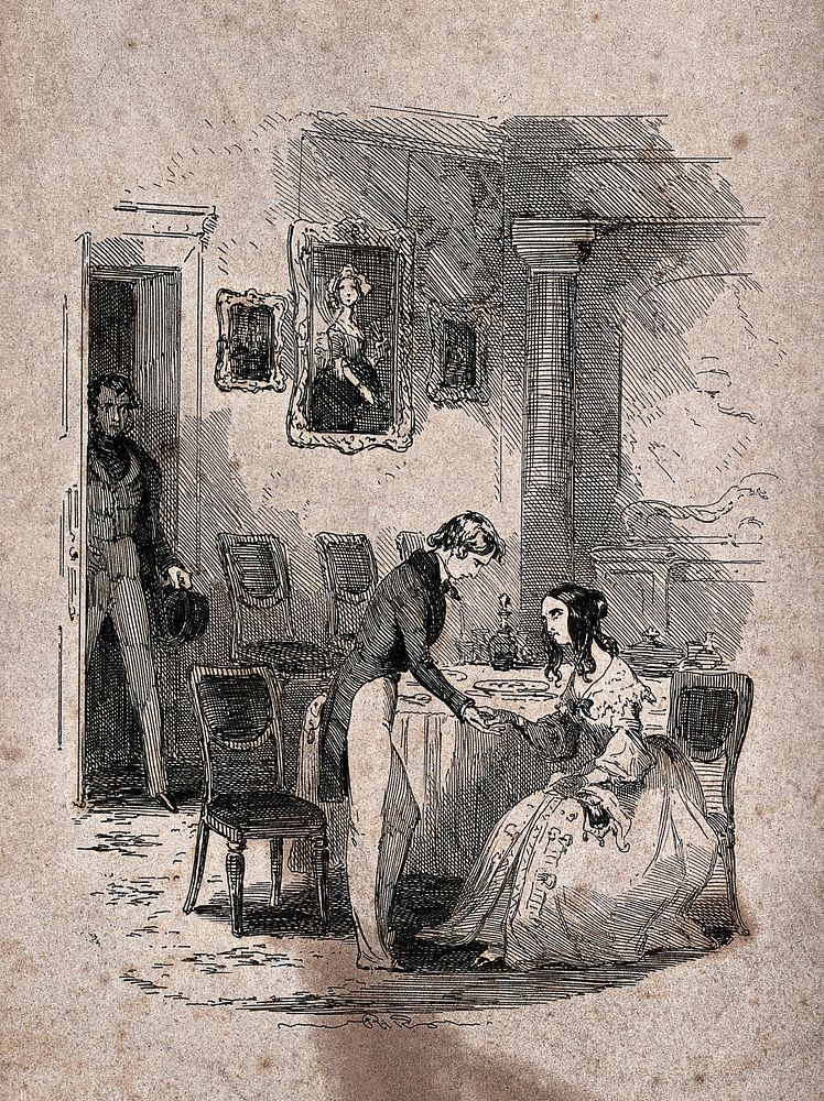 A young woman is seated at the table with a young man nearby holding her hand and gazing into her eyes. Etching by Phiz…