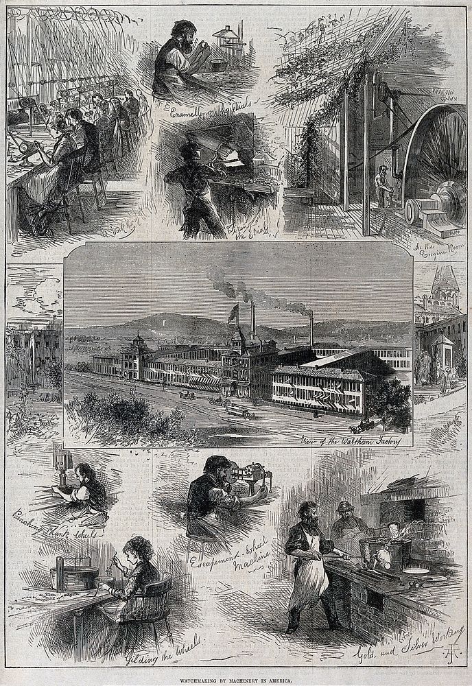 Clocks: a watch factory at Waltham, Massachusetts. Wood engraving by A J H.