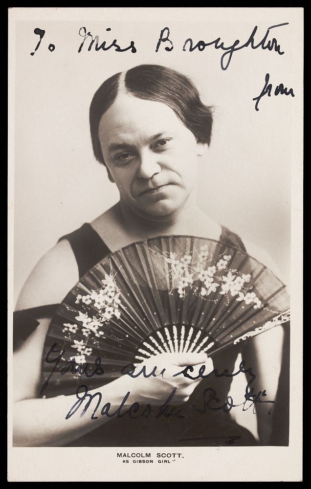 Malcolm Scott in character as a "Gibson Girl". Photographic postcard, 1908.