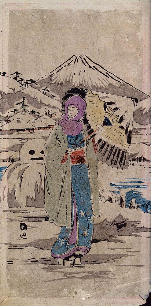 A Japanese woman standing in the snow. Watercolour, 18--.