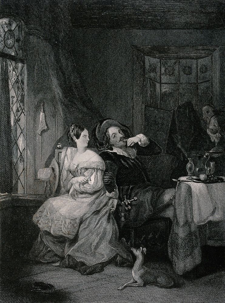 A man and a woman having a quarrel. Engraving by J. Brain after F. P. Stephanoff.