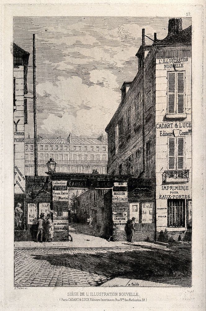 Rue Neuve des Mathurins in Paris: the printing house of Cadart & Luce. Etching by A. Taiée, 187-.