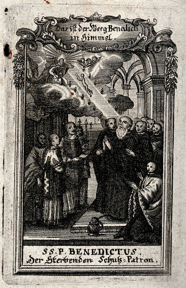 Saint Benedict: his soul ascending to heaven as a sign of his patronage of the dying. Line engraving, 17--.
