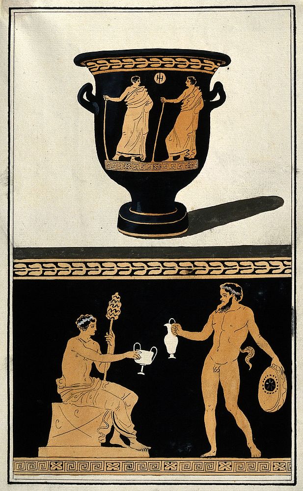 Above, red-figured Greek wine bowl (bell krater); below, detail of decoration showing a satyr about to pour some wine for a…