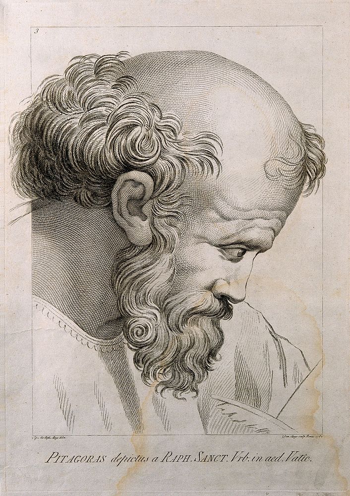 Pythagoras. Line engraving by D. Cunego, 1782, after R. Mengs after Raphael.