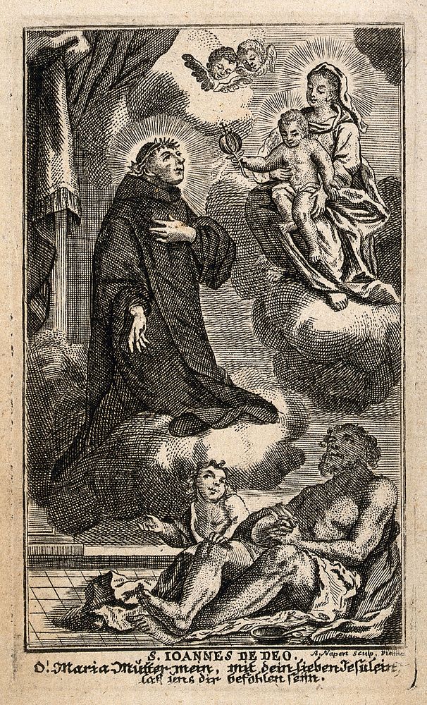 Saint John of God: he intercedes with the Virgin and Christ Child on behalf of a sick man. Etching by A. Napert.
