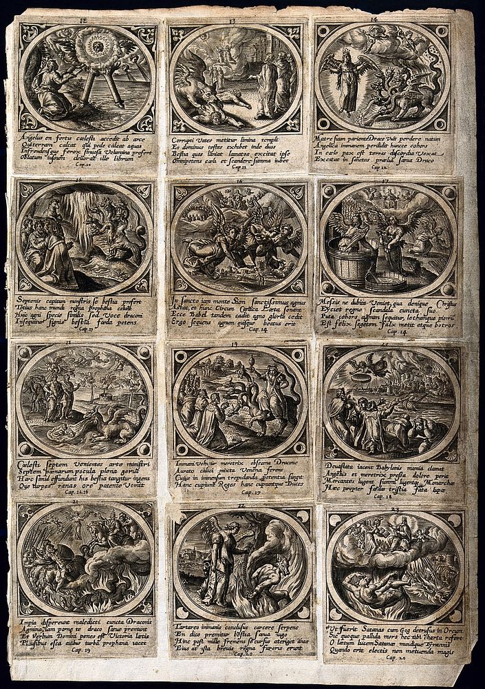Saint John the Evangelist: twelve episodes in the Book of Revelation. Engraving after J. Snellinck, 1585.