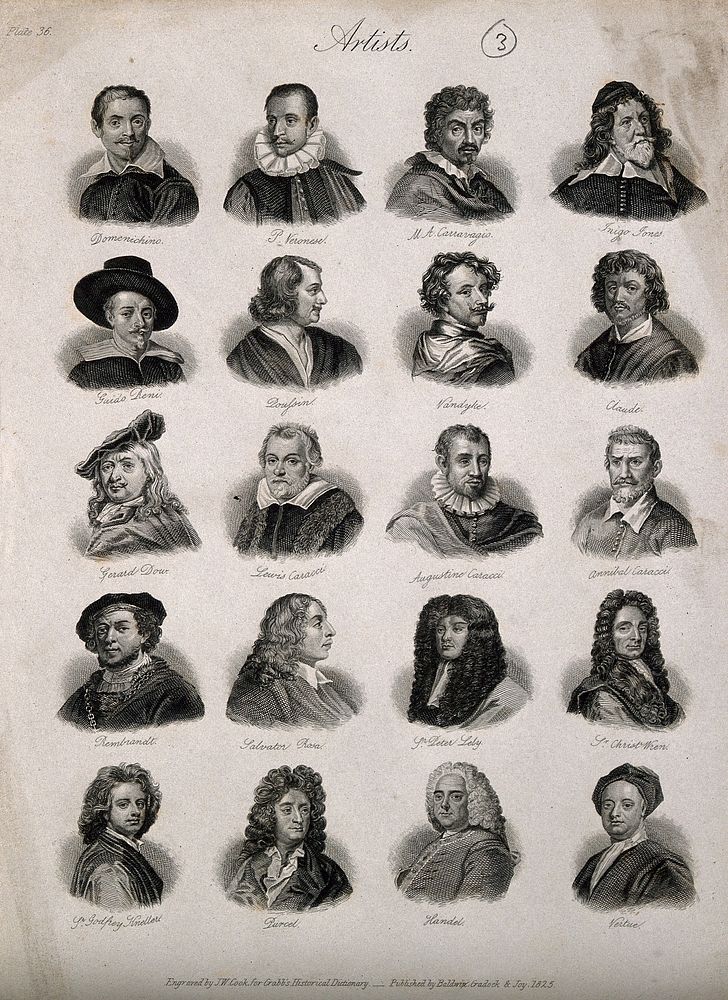Artists and musicians active in the 17th century: twenty heads. Engraving by J.W. Cook, 1825.