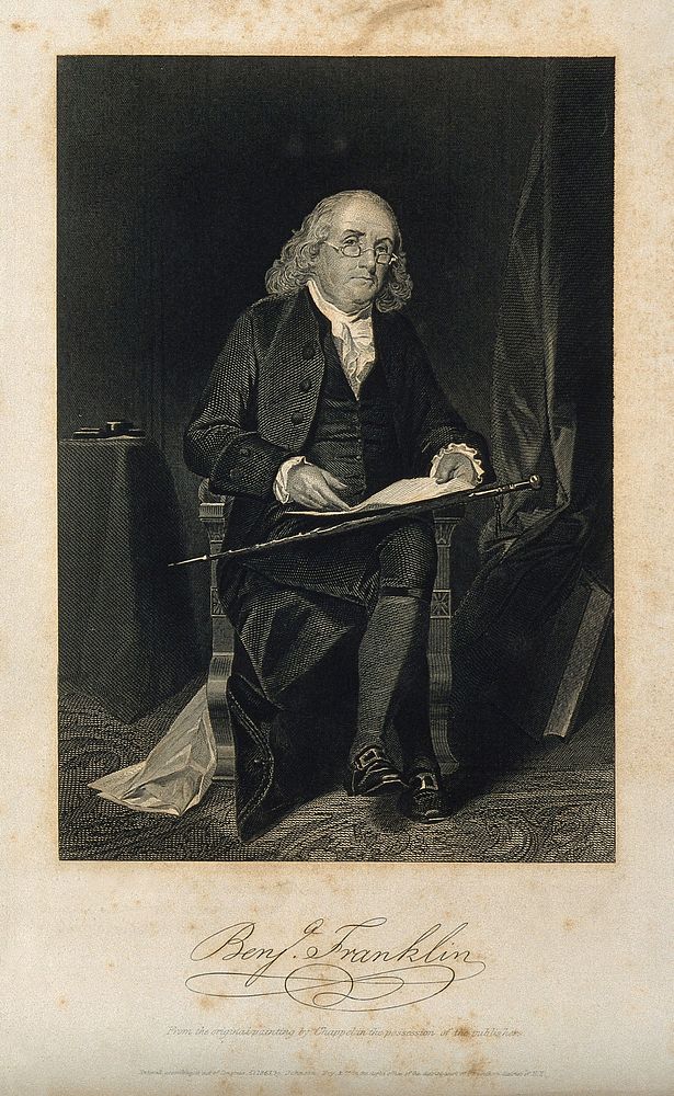 Benjamin Franklin. Line engraving, 1863, after A. Chappel.