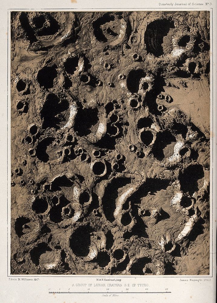 Astronomy: craters on the moon. Colour lithograph by E.M. Williams after J. Nasmyth, 1863.